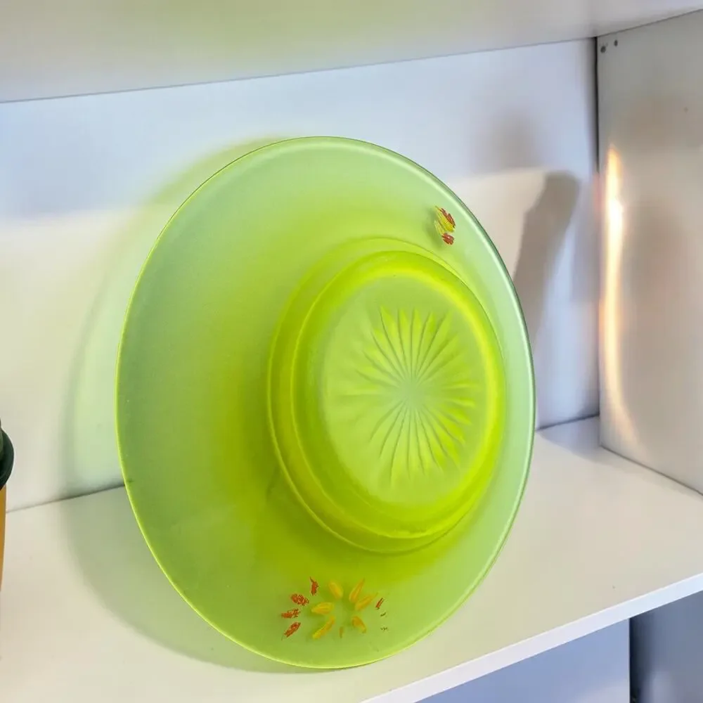 Vintage Uranium Vaseline Glass Plate Frosted Satin Yellow Green Starburst